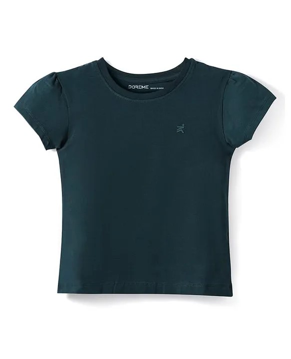 DoreMe Doreme Single Jersey Knit Half Sleeves Solid Color T-Shirt with Brand Logo - Dark Green